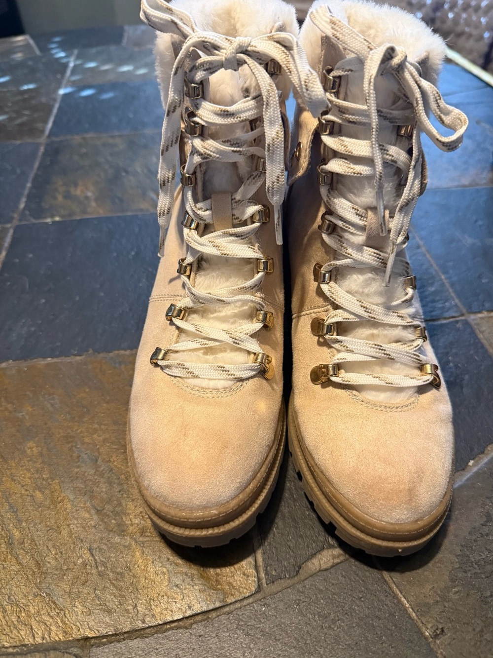 Jellypop Beige Faux Fur Lace-Up Heeled Boots